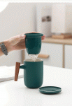 创意木柄陶瓷带盖茶水分离过滤办公杯定制